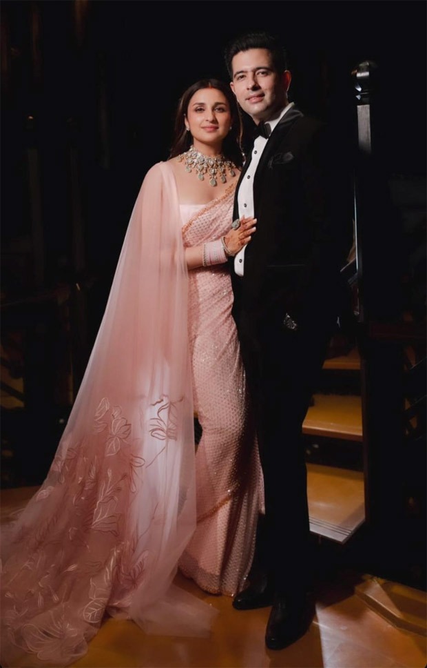 Parineeti Chopra looks resplendent in a rosette blush crystal sequin Manish Malhotra-designed saree for her wedding reception with Raghav Chadha; see unseen photos 