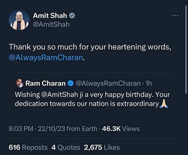 Ram Charan pens a heartfelt birthday wish for Home Minister Amit Shah