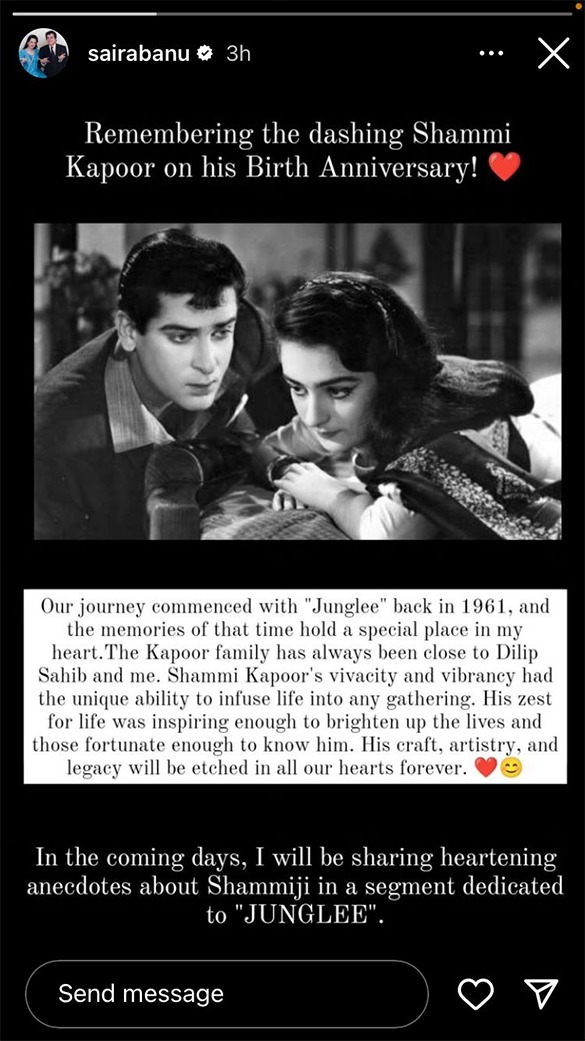 Shammi Kapoor birth anniversary: Saira Banu recalls fond memories of Junglee co-star; says, “His craft, artistry, and legacy will be etched in all our hearts forever”