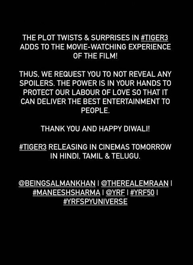 Salman Khan, Katrina Kaif, Emraan Hashmi share messages requesting audience to not disclose spoilers from Tiger 3