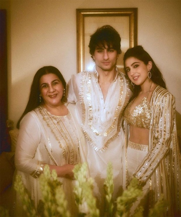 Sara Ali Khan, along with Amrita Singh and Ibrahim Ali Khan, radiate elegance in their white-gold ensembles as they celebrate Dhanteras
