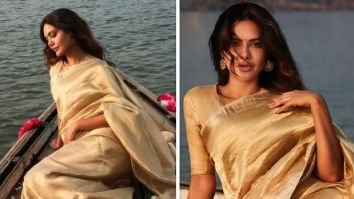 Esha Gupta radiates ethereal elegance in a golden saree against the backdrop of Benaras ghats