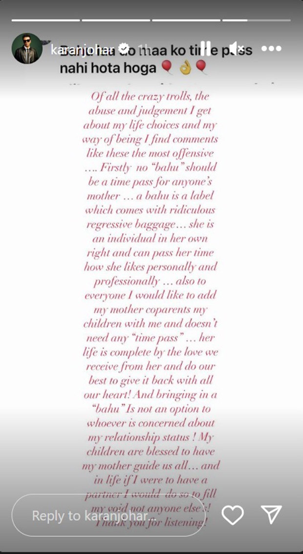 Karan Johar hits back at troll suggesting a “Bahu” for his mom's “time pass”; says “My mother co-parents my children with me”