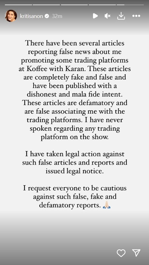 Kriti Sanon slams “Fake” claims about promoting trading platforms on Koffee With Karan 8; takes legal action