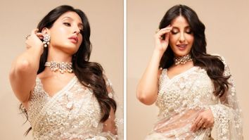 Nora Fatehi channels her inner desi diva in an ivory saree by Seema Gujral
