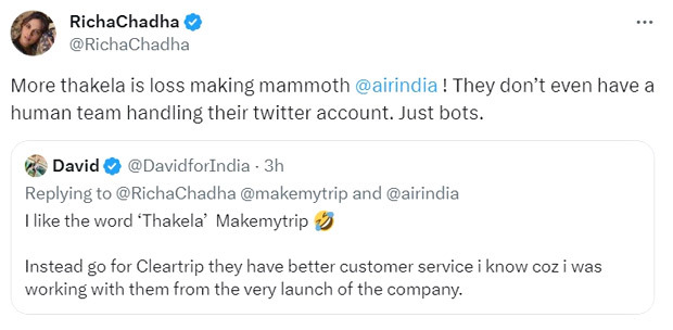 Richa Chadha calls MakeMyTrip and Air India “Scamsters”; says, “I hope your companies endure more losses”