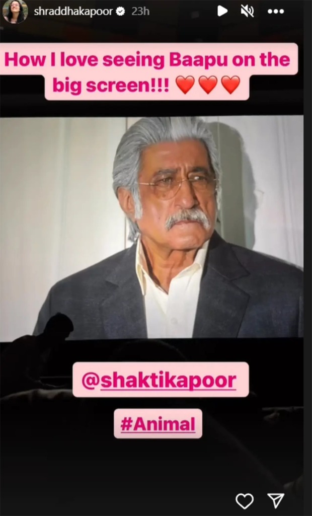 Shraddha Kapoor lauds father Shakti Kapoor as she watches Ranbir Kapoor starrer Animal; says, “I love seeing Baapu on the big screen”