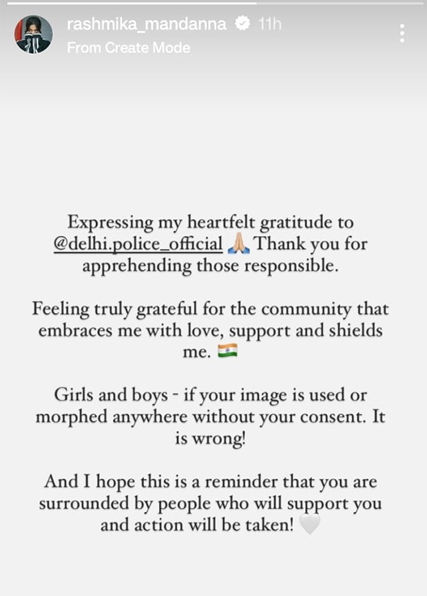 Rashmika Mandanna expresses gratitude towards Delhi Police after they arrest the deepfake case accused