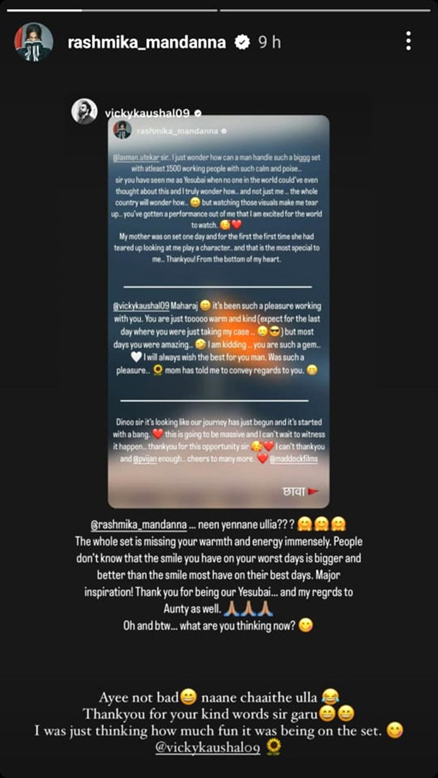 Rashmika Mandanna responds to Vicky Kaushal in a beautiful post after the latter compliments her post wrapping up Chaava