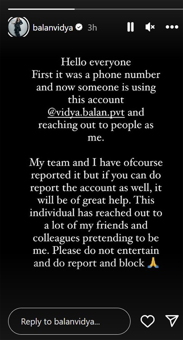 Vidya Balan alerts fans about impersonation scam on fake Instagram account
