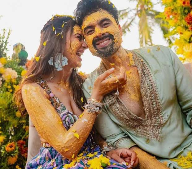 Rakul Preet Singh radiates joy in stunning beaded choli & moonlit jungle print purple lehenga by Papa Don’t Preach at her haldi ceremony with Jackky Bhagnani