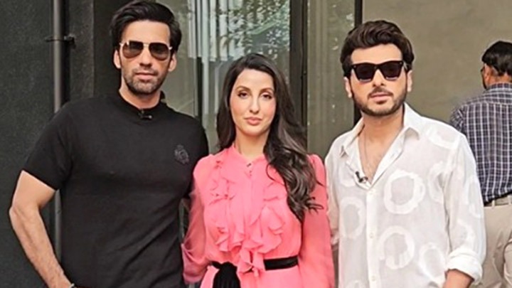 Nora Fatehi poses with Divyenndu & Avinash Tiwari as they promote ‘Madgaon Express’