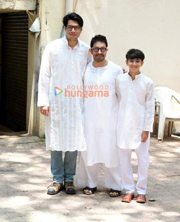 photos aamir khan with sons junaid and azad snapped outside their residence marina on the occasion of eid 2