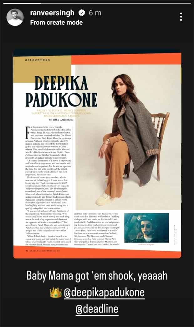 Ranveer Singh proud of ‘Baby Mama’ Deepika Padukone after being recognized as ‘Disruptor’ by Deadline, see post