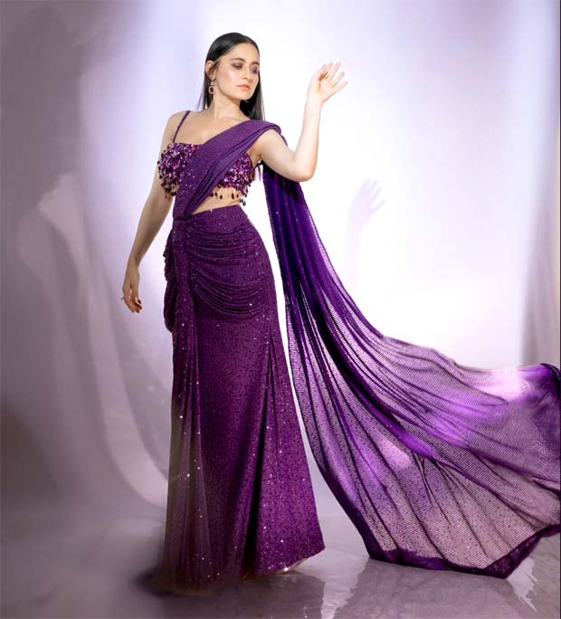 Sanjeeda Shaikh's purple dhoti-draped sequin saree worth Rs. 25,649 is a wedding season must-have