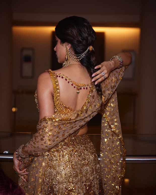 Janhvi Kapoor exudes golden grandeur in bedazzled Falguni Shane Peacock mermaid-style lehenga constructed using real gold temple jewelry at Anant Ambani-Radhika Merchant wedding 