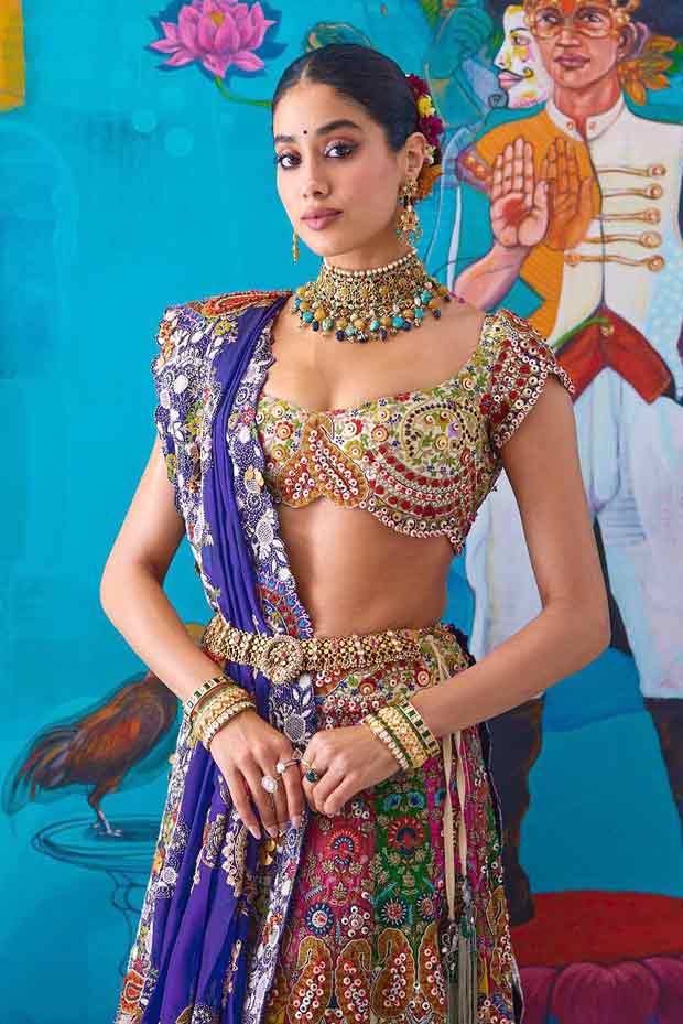 Janhvi Kapoor is a vision in vibrant hues in stunning Anamika Khanna embellished lehenga at Anant Ambani – Radhika Merchant’s Shiv Shakti puja celebrations 