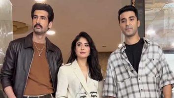 Kritika Kamra poses with Raghav Juyal & Dhairya as they get clicked by paps