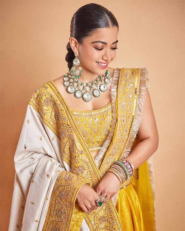 Rashmika Mandanna stuns in Rs. 1.25 lakh yellow pure silk lehenga with kirandori work with organza duppata for Anant Ambani – Radhika Merchant’s wedding 