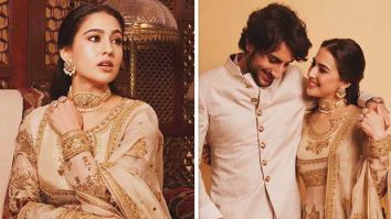 Sara Ali Khan embraces old world charm in Pakistani designer Iqbal Hussain’s ivory pishwas and silk crushed lehenga; Ibrahim Ali Khan complements her with regal Raghavendra Rathore bandhgala