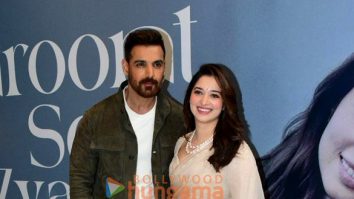 Photos: John Abraham and Tamannaah Bhatia snapped at the launch of their song ‘Zaroorat Se Zyada’ from Vedaa