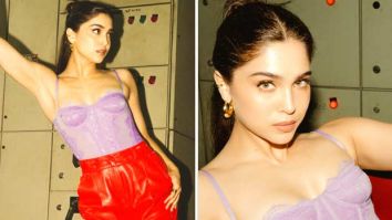 Sharvari Wagh keeps it vibrant in lilac lace corset top with faux orange leather pants for Vedaa promotions