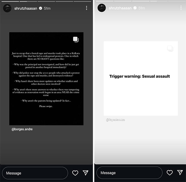 Shruti Haasan addresses the rise in sexual crimes against women through her Instagram stories