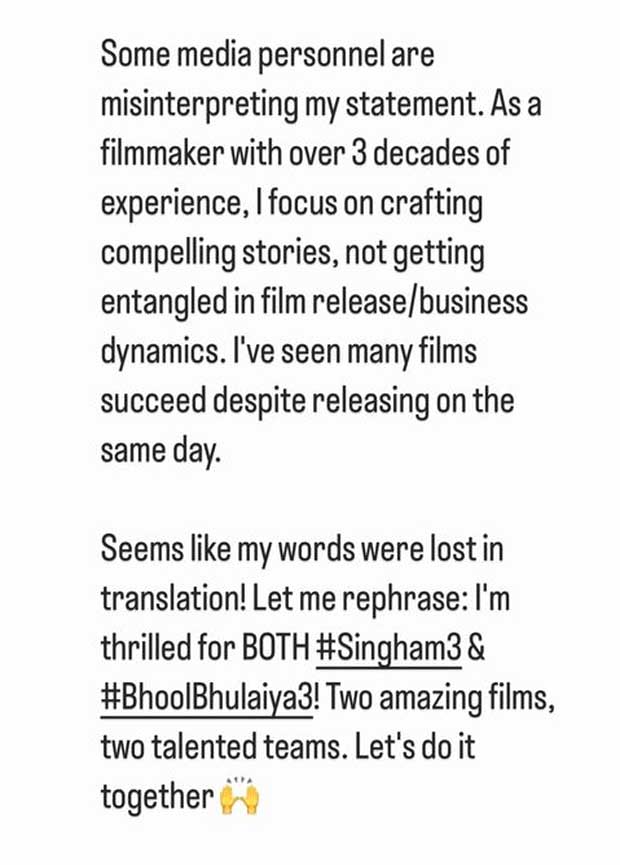 Anees Bazmee addresses misinterpretation of his statements about Bhool Bhulaiyaa 3 and Singham 3 clash; says, “Some media personnel are misinterpreting my statement”