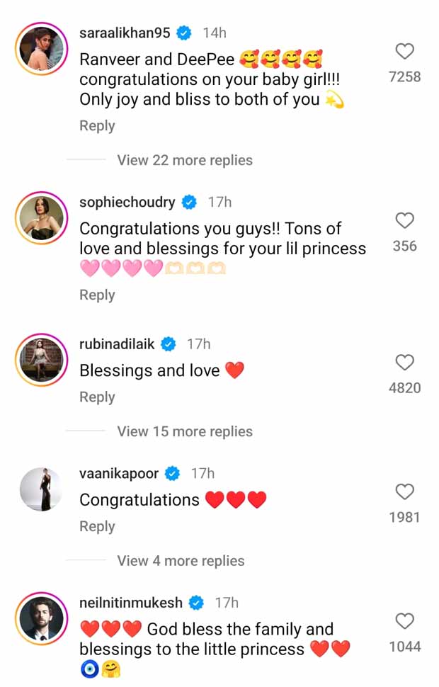 Deepika Padukone and Ranveer Singh receive love from Alia Bhatt, Priyanka Chopra, Nick Jonas, Arjun Kapoor & more on the arrival of their baby girl, see their messages 