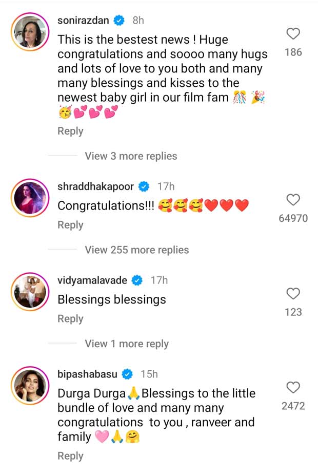 Deepika Padukone and Ranveer Singh receive love from Alia Bhatt, Priyanka Chopra, Nick Jonas, Arjun Kapoor & more on the arrival of their baby girl, see their messages 