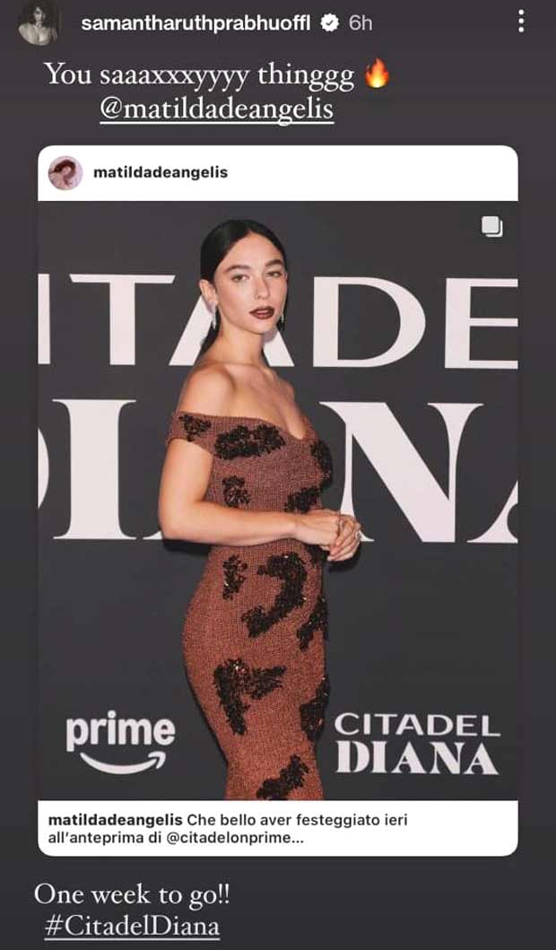 Samantha Ruth Prabhu cheers for fellow spy Matilda De Angelis ahead of Citadel Diana premiere next week You Saaaxxxyyyy thinggg Samantha Ruth Prabhu cheers for fellow spy Matilda De Angelis ahead of Citadel Diana premiere next week You Saaaxxxyyyy thinggg