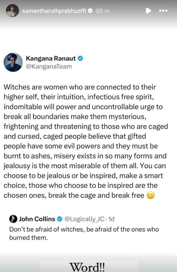 Samantha Ruth Prabhu supports Kangana Ranaut's cryptic message on women’s power: “Caged people believe that…”