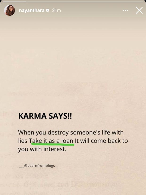 Nayanthara shares mysterious note on ‘Karma’ sparking speculations amid her legal battle with Dhanush