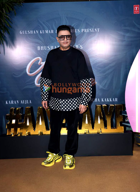 photos mannara chopra bhushan kumar and others grace the launch of music video aaye haaye 3