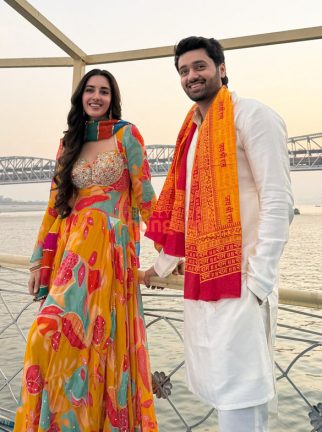 Photos: Utkarsh Sharma and Simratt Kaur Randhawa snapped at Ganga ghat in Banaras while promoting their movie Vanvaas