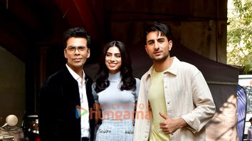 Photos: Karan Johar, Ibrahim Ali Khan and Khushi Kapoor snapped promoting Nadaaniyan