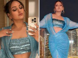 Sonakshi Sinha pairs structured metallic crop top with high-slit skirt for bold Dubai look