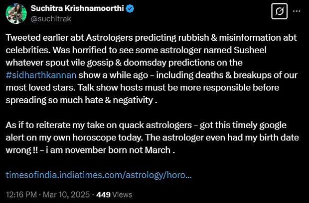 Suchitra Krishnamoorthi slams astrologer for predicting deaths of Shah Rukh Khan and Salman Khan, Saif Ali Khan and Kareena Kapoor’s divorce: “Utterly appalling”