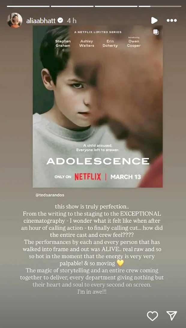 Alia Bhatt calls Adolescence’s cinematography and single-take “truly perfection”: “Real, raw, and so, so hot in the moment”