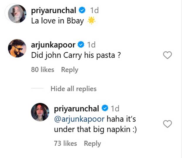 Arjun Kapoor adds ‘pasta drama’ to Priya Runchal’s cosy dinner photo with John Abraham
