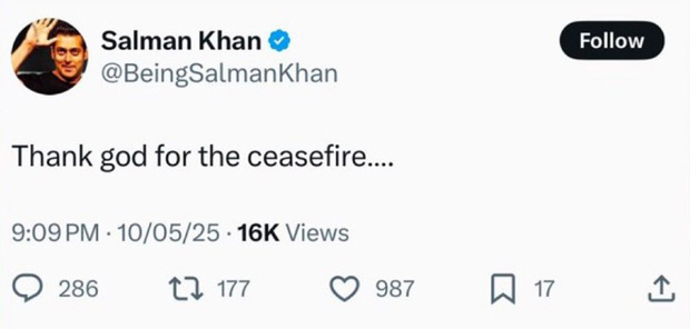 Salman Khan faces backlash over ‘Ceasefire’ tweet; deletes post