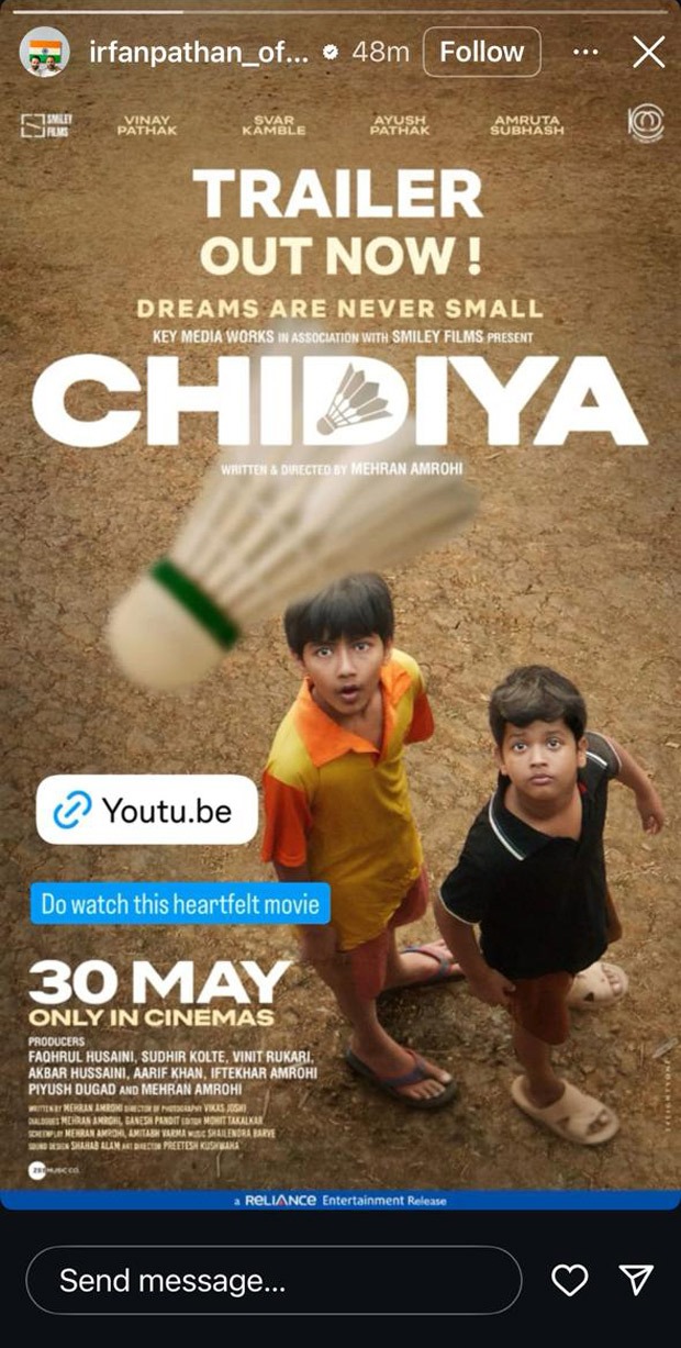 Irfan Pathan shows heartfelt support for upcoming film Chidiya: “Do watch this heartfelt movie”