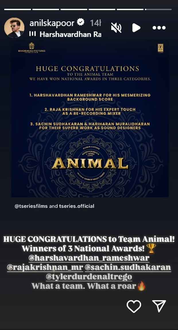 Anil Kapoor reacts as Animal bags 3 wins at National Film Awards: “What a roar!”