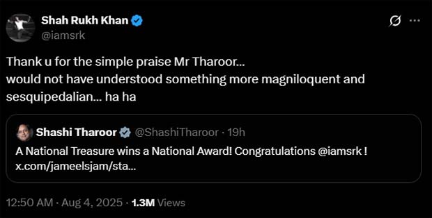 Shah Rukh Khan replies to Shashi Tharoor’s “simple praise” with classic wit after National Award win