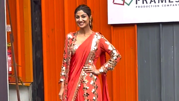 Shilpa Shetty in a festive attire on set
