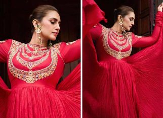 Huma Qureshi wears Abu Jani Sandeep Khosla’s creation at TIFF, featuring power shoulders, crushed silk, and hand-embroidered Zardozi