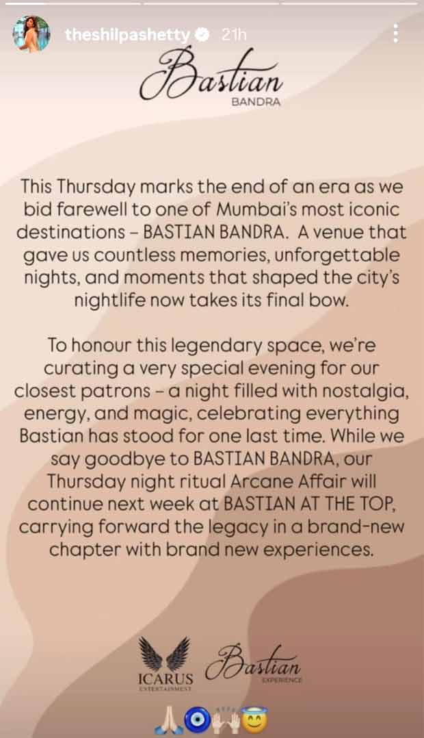 Shilpa Shetty bids farewell to iconic Bastian Bandra amid family’s financial turmoil