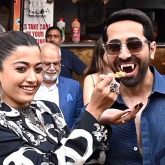 Ayushmann Khurrana flashes fake vampire teeth as he and Rashmika Mandanna promote Thamma in Delhi