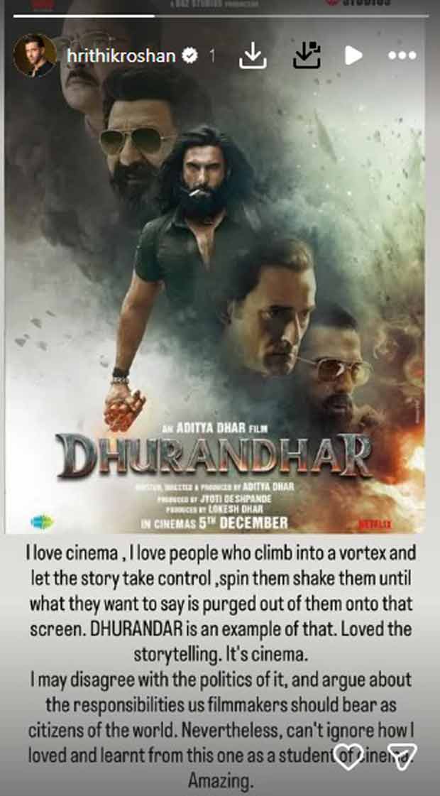 Hrithik Roshan says he “can’t wait for Dhurandhar Part 2”, a day after admitting he disagrees with the film’s politics