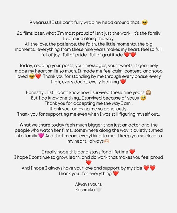 Rashmika Mandanna celebrates 9 years in cinema with emotional note: “I survived because of youuu”